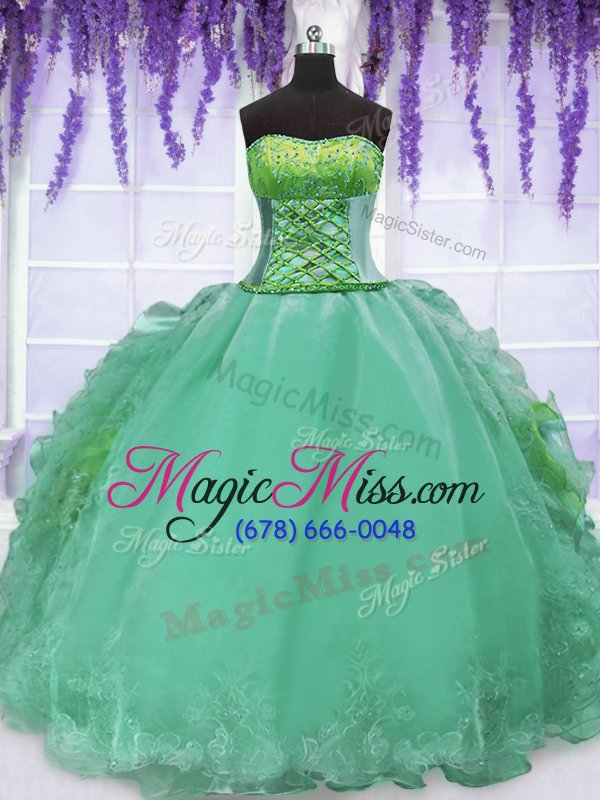 wholesale on sale strapless sleeveless organza 15th birthday dress embroidery and ruffles lace up