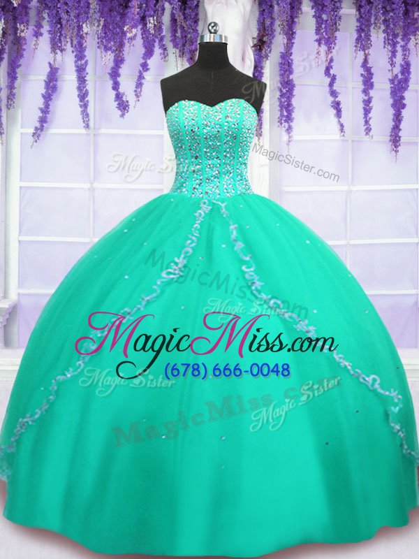 wholesale gorgeous turquoise sleeveless floor length beading and sequins lace up 15 quinceanera dress