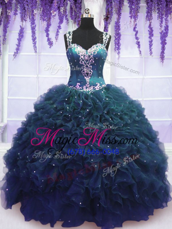 wholesale custom fit straps straps floor length zipper 15th birthday dress navy blue and in for military ball and sweet 16 and quinceanera with beading and ruffles