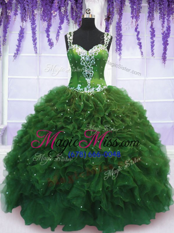 wholesale glittering straps straps floor length green quinceanera dresses tulle sleeveless beading and ruffles