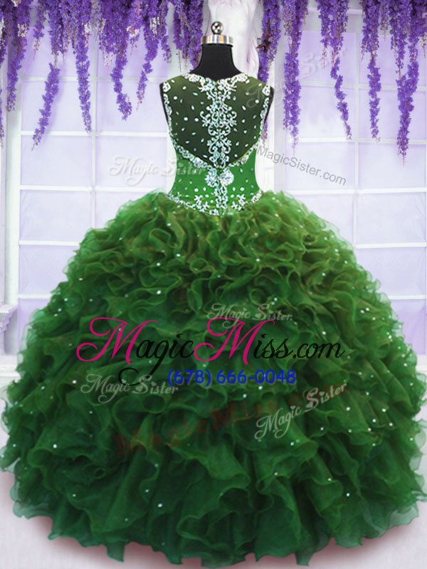 wholesale glittering straps straps floor length green quinceanera dresses tulle sleeveless beading and ruffles