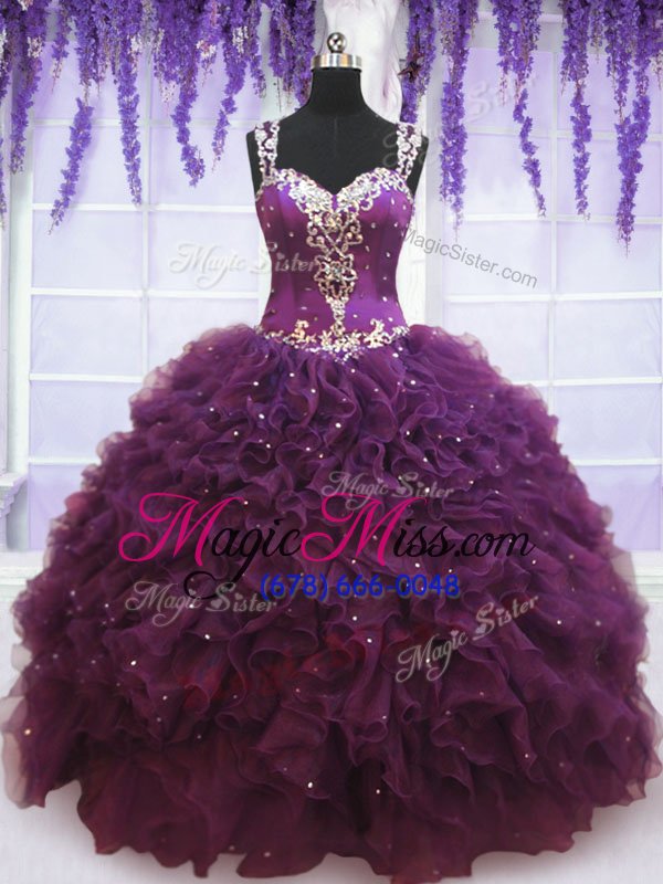 wholesale exquisite straps straps purple tulle zipper vestidos de quinceanera sleeveless floor length beading and ruffles