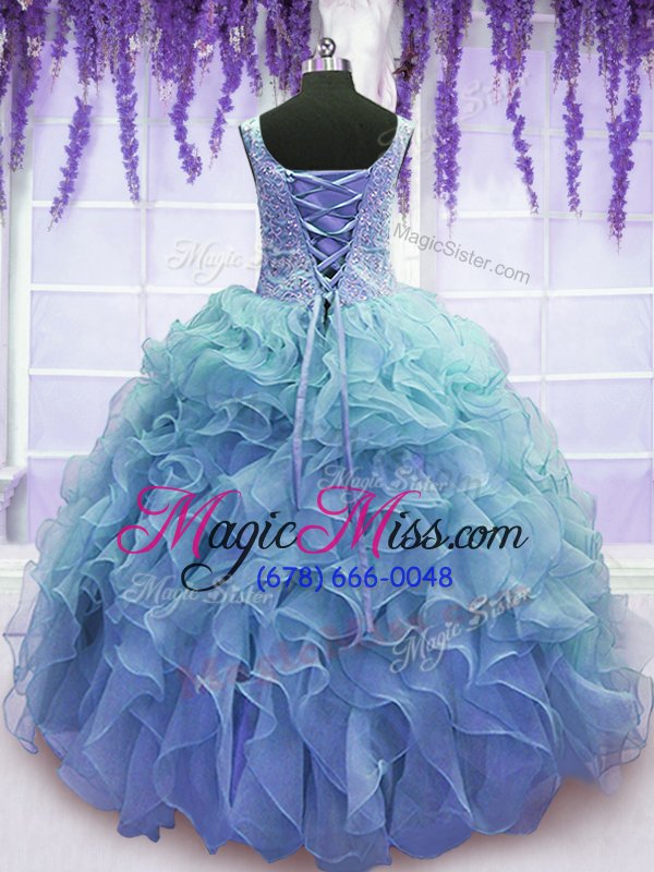 wholesale colorful floor length blue sweet 16 dress organza sleeveless beading and embroidery and ruffles