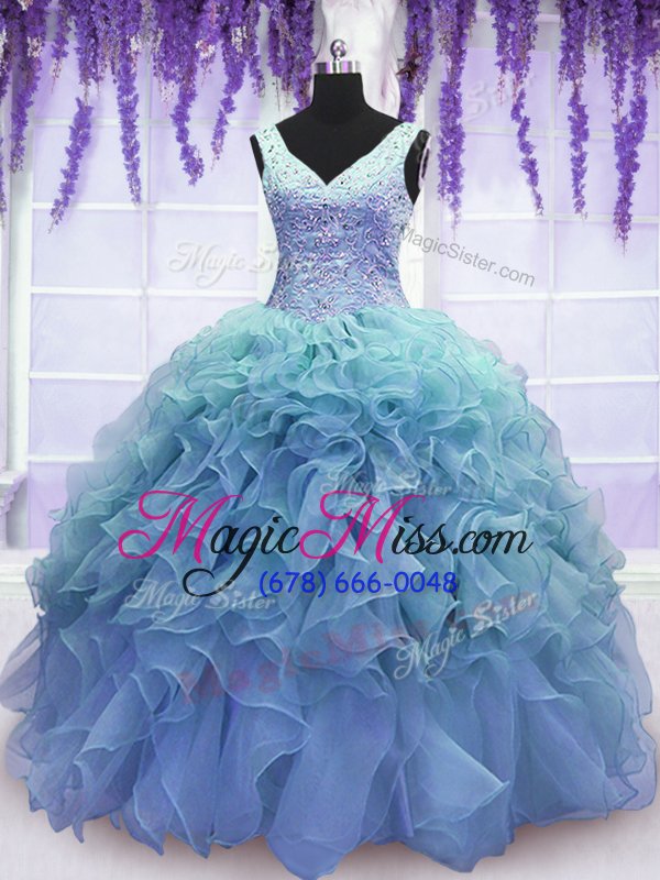 wholesale colorful floor length blue sweet 16 dress organza sleeveless beading and embroidery and ruffles