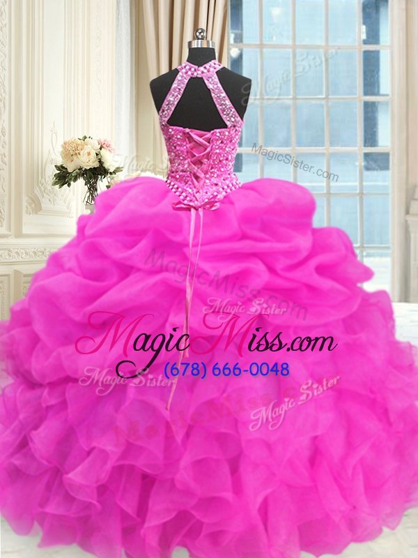 wholesale artistic pick ups hot pink sleeveless organza lace up quinceanera dresses for military ball and sweet 16 and quinceanera