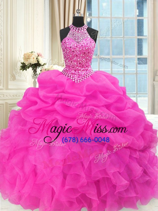 wholesale artistic pick ups hot pink sleeveless organza lace up quinceanera dresses for military ball and sweet 16 and quinceanera