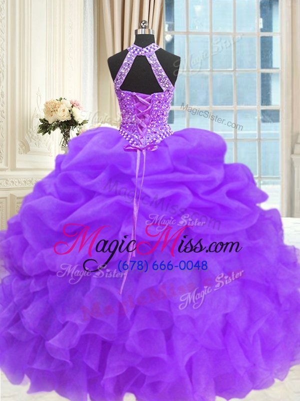 wholesale top selling purple ball gowns high-neck sleeveless organza floor length lace up beading and pick ups 15th birthday dress