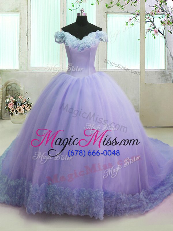 wholesale lilac quinceanera dresses military ball and sweet 16 and quinceanera and for with hand made flower off the shoulder short sleeves court train lace up