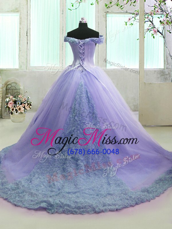 wholesale lilac quinceanera dresses military ball and sweet 16 and quinceanera and for with hand made flower off the shoulder short sleeves court train lace up