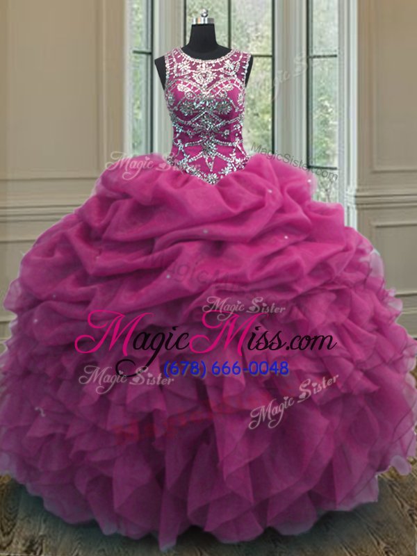 wholesale stunning scoop fuchsia lace up vestidos de quinceanera beading and ruffles and pick ups sleeveless floor length