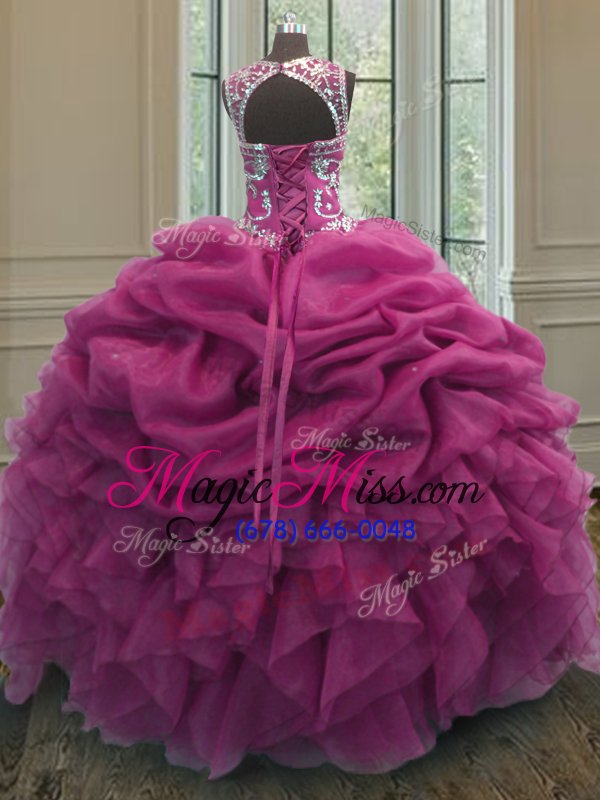 wholesale stunning scoop fuchsia lace up vestidos de quinceanera beading and ruffles and pick ups sleeveless floor length