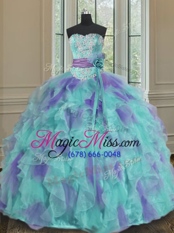 wholesale best multi-color ball gowns beading and appliques and ruffles and sashes|ribbons and hand made flower sweet 16 dresses lace up organza sleeveless floor length