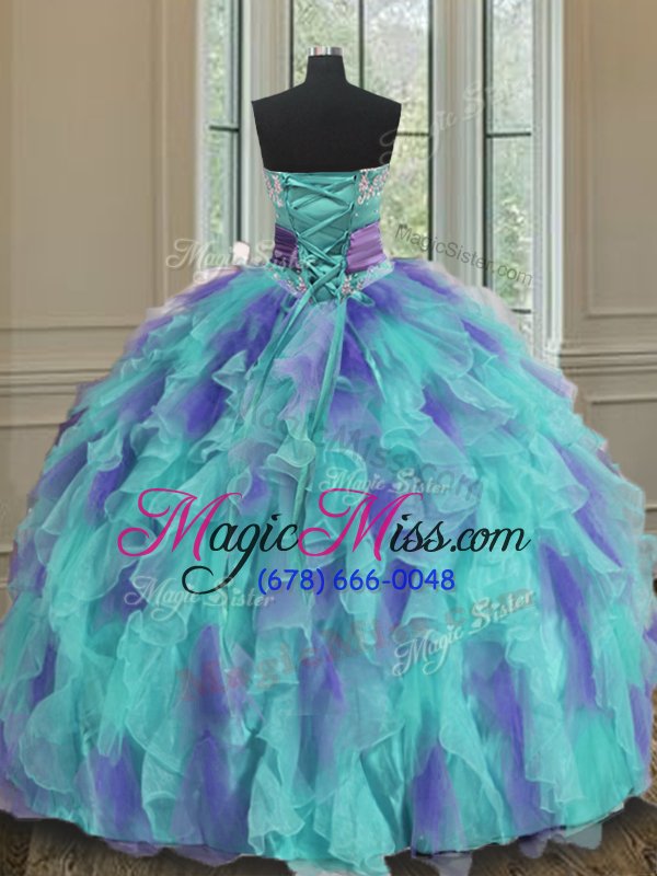 wholesale best multi-color ball gowns beading and appliques and ruffles and sashes|ribbons and hand made flower sweet 16 dresses lace up organza sleeveless floor length