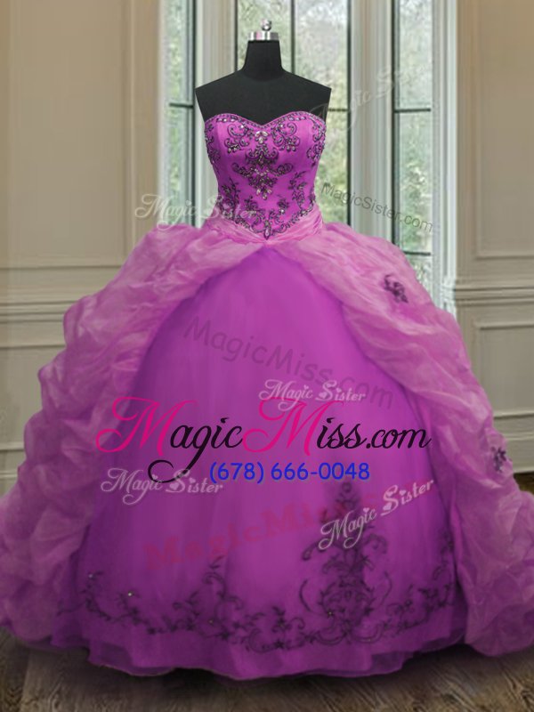 wholesale fabulous fuchsia sweet 16 dress military ball and sweet 16 and quinceanera and for with beading and appliques and pick ups sweetheart sleeveless court train lace up