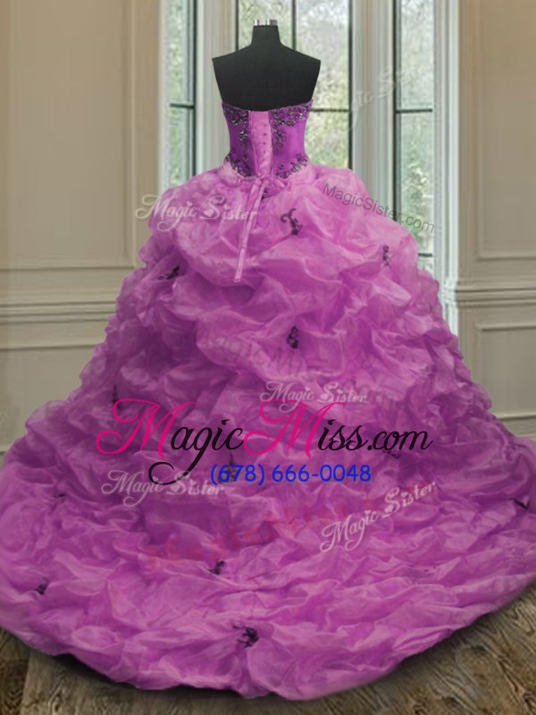 wholesale fabulous fuchsia sweet 16 dress military ball and sweet 16 and quinceanera and for with beading and appliques and pick ups sweetheart sleeveless court train lace up