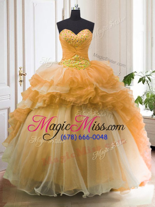 wholesale sexy with train orange ball gown prom dress organza sweep train sleeveless beading and ruffled layers