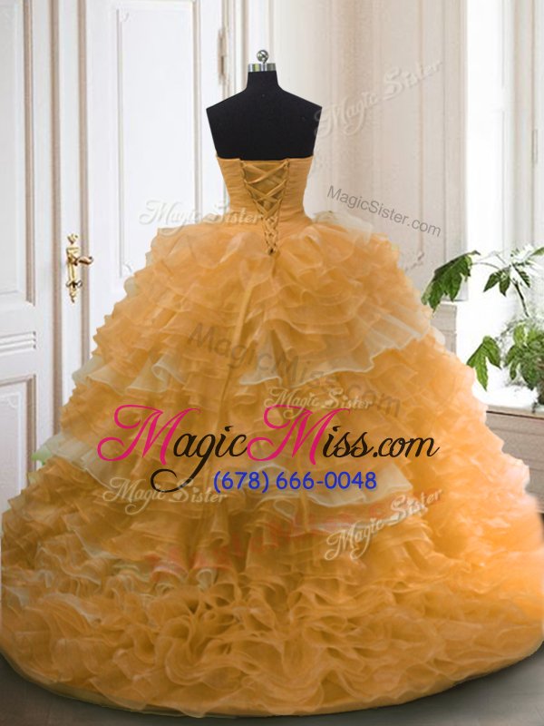 wholesale sexy with train orange ball gown prom dress organza sweep train sleeveless beading and ruffled layers