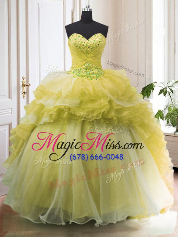 wholesale custom designed light yellow ball gowns beading and ruffled layers sweet 16 quinceanera dress lace up organza sleeveless with train