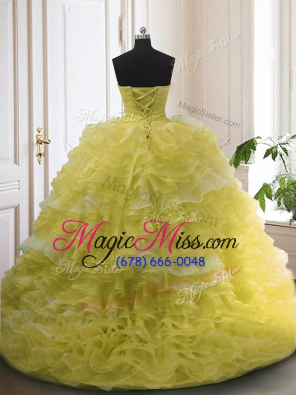 wholesale custom designed light yellow ball gowns beading and ruffled layers sweet 16 quinceanera dress lace up organza sleeveless with train