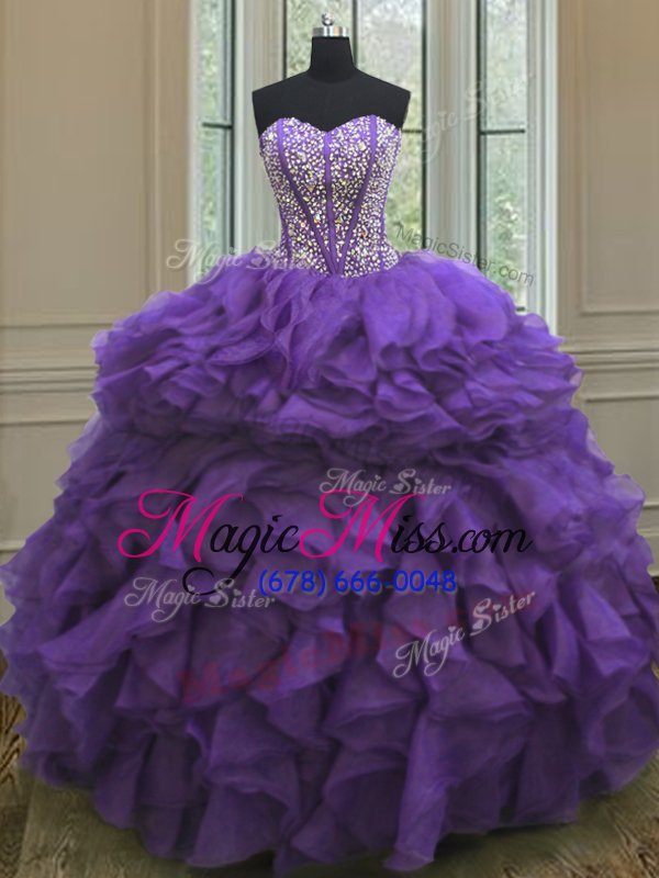 wholesale exceptional organza sweetheart sleeveless lace up beading and ruffles sweet 16 quinceanera dress in eggplant purple