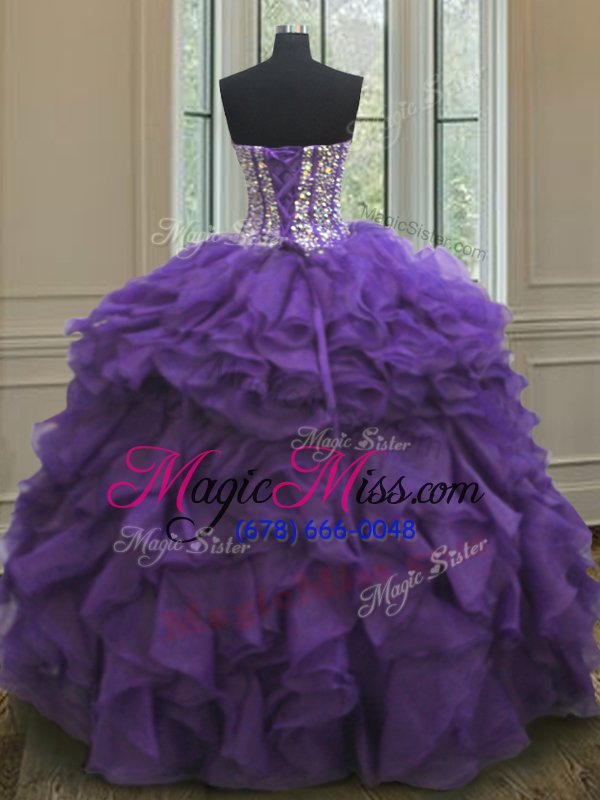 wholesale exceptional organza sweetheart sleeveless lace up beading and ruffles sweet 16 quinceanera dress in eggplant purple