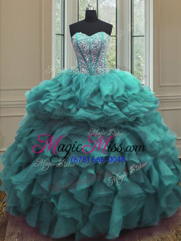 wholesale high quality turquoise ball gowns beading and ruffles ball gown prom dress lace up organza sleeveless floor length