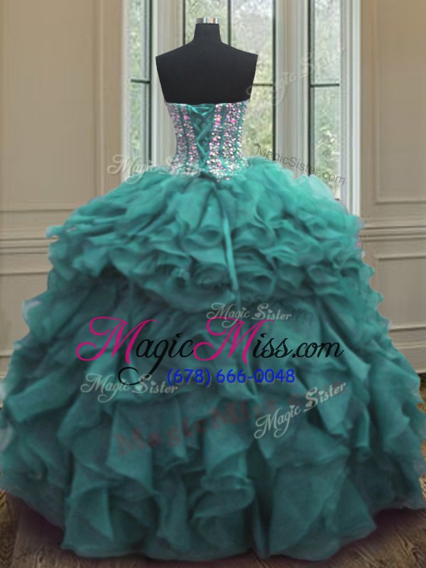 wholesale high quality turquoise ball gowns beading and ruffles ball gown prom dress lace up organza sleeveless floor length