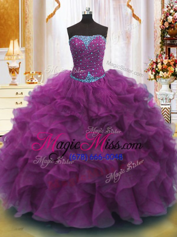 wholesale stunning organza sleeveless floor length quince ball gowns and beading and ruffles