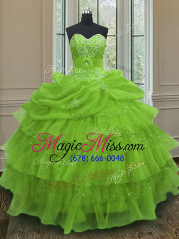 wholesale romantic sleeveless organza floor length lace up sweet 16 quinceanera dress in yellow green for with beading and ruffled layers and pick ups