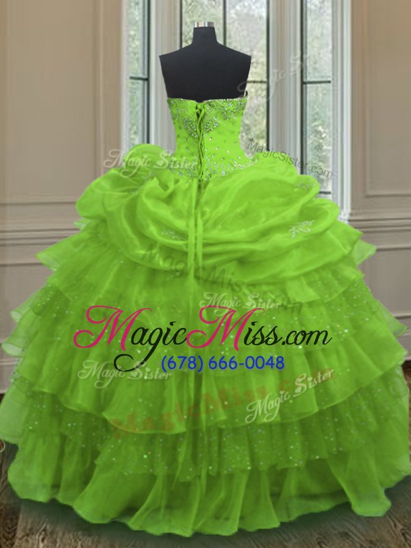 wholesale romantic sleeveless organza floor length lace up sweet 16 quinceanera dress in yellow green for with beading and ruffled layers and pick ups