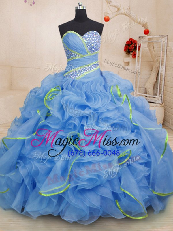 wholesale fantastic light blue sleeveless organza brush train lace up ball gown prom dress for military ball and sweet 16 and quinceanera