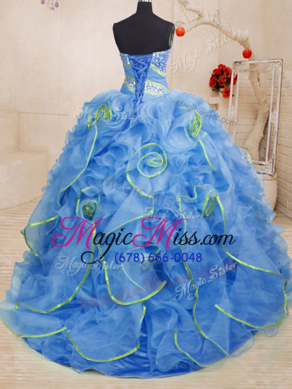 wholesale fantastic light blue sleeveless organza brush train lace up ball gown prom dress for military ball and sweet 16 and quinceanera