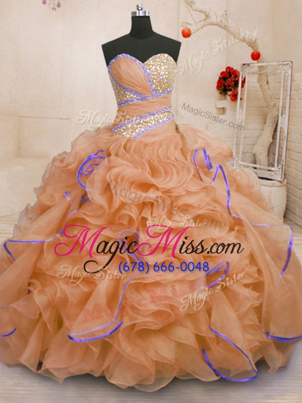 wholesale modern sleeveless brush train lace up with train beading and ruffles quinceanera gown