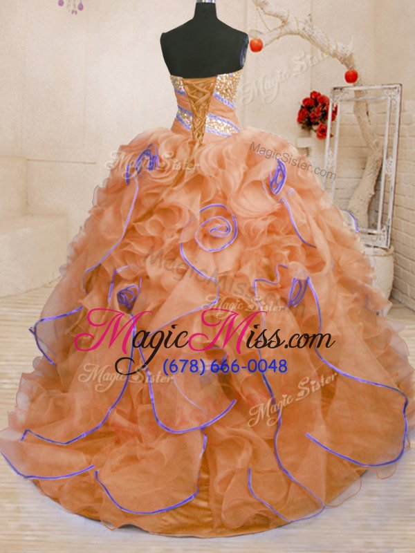 wholesale modern sleeveless brush train lace up with train beading and ruffles quinceanera gown