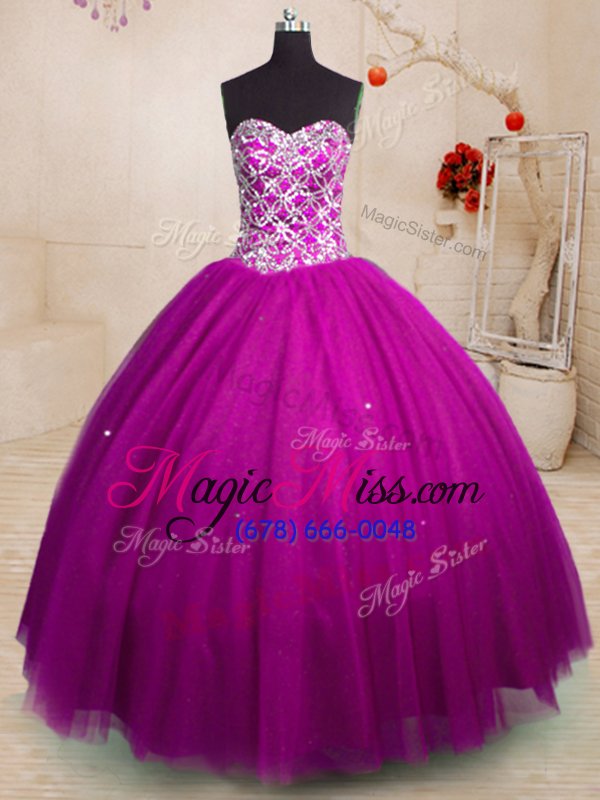 wholesale dynamic sweetheart sleeveless 15th birthday dress floor length beading fuchsia tulle