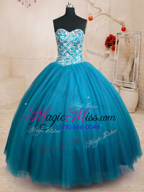 wholesale fitting teal ball gowns beading 15 quinceanera dress lace up tulle sleeveless floor length