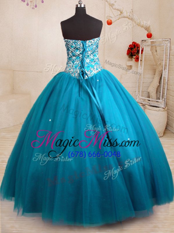 wholesale fitting teal ball gowns beading 15 quinceanera dress lace up tulle sleeveless floor length