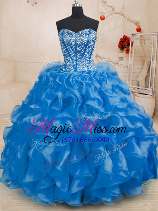 wholesale fashionable royal blue sleeveless floor length beading and ruffles lace up quinceanera dress