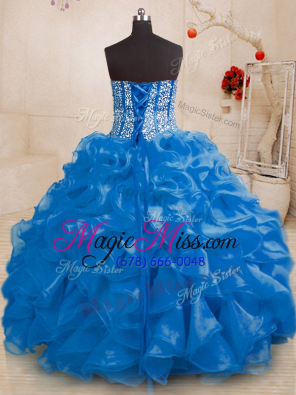 wholesale fashionable royal blue sleeveless floor length beading and ruffles lace up quinceanera dress