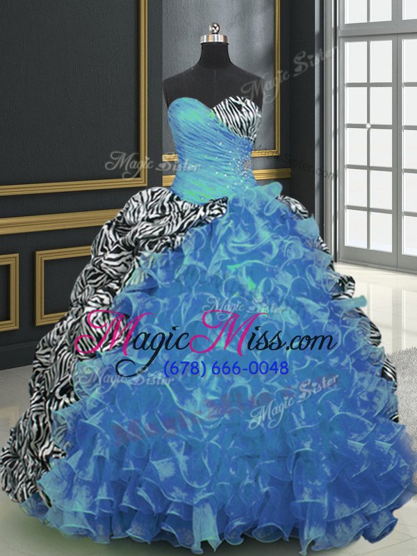 wholesale unique sweetheart sleeveless organza and printed quinceanera gown beading and ruffles and pattern brush train lace up