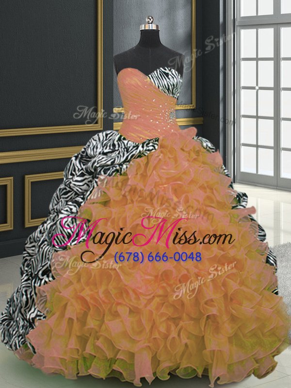 wholesale sumptuous sleeveless organza and printed with brush train lace up sweet 16 quinceanera dress in multi-color for with beading and ruffles and pattern