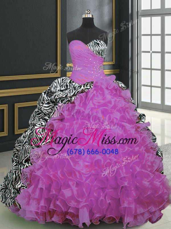 wholesale pretty printed sleeveless brush train lace up with train beading and ruffles and pattern ball gown prom dress