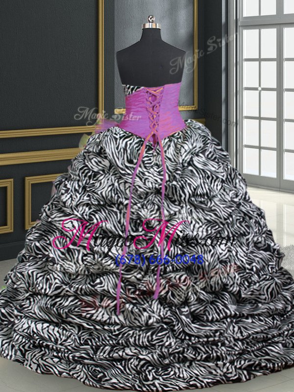 wholesale pretty printed sleeveless brush train lace up with train beading and ruffles and pattern ball gown prom dress