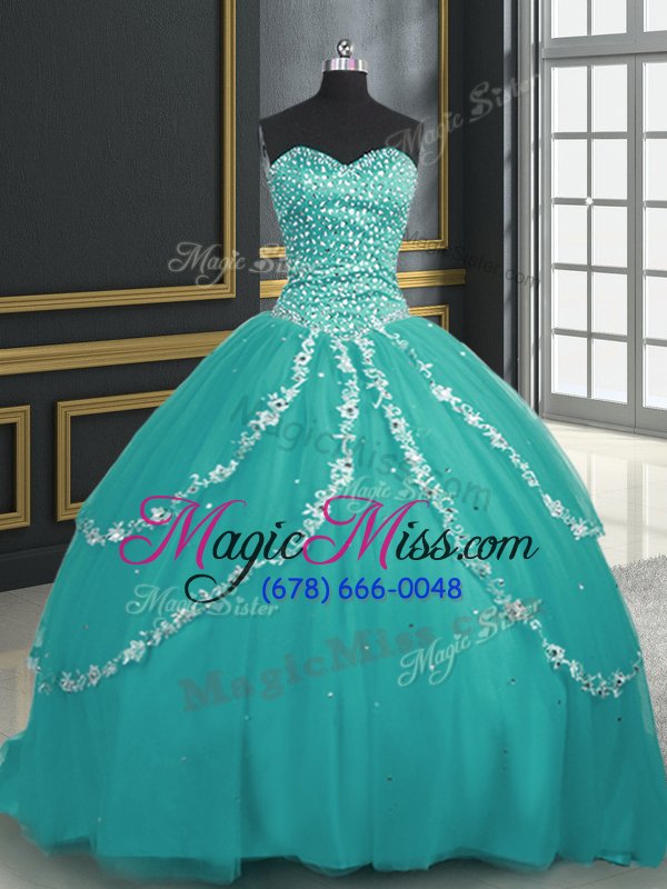 wholesale fantastic sleeveless brush train lace up with train beading and appliques quinceanera gown