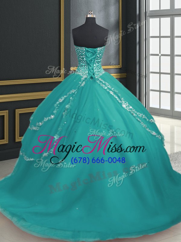 wholesale fantastic sleeveless brush train lace up with train beading and appliques quinceanera gown