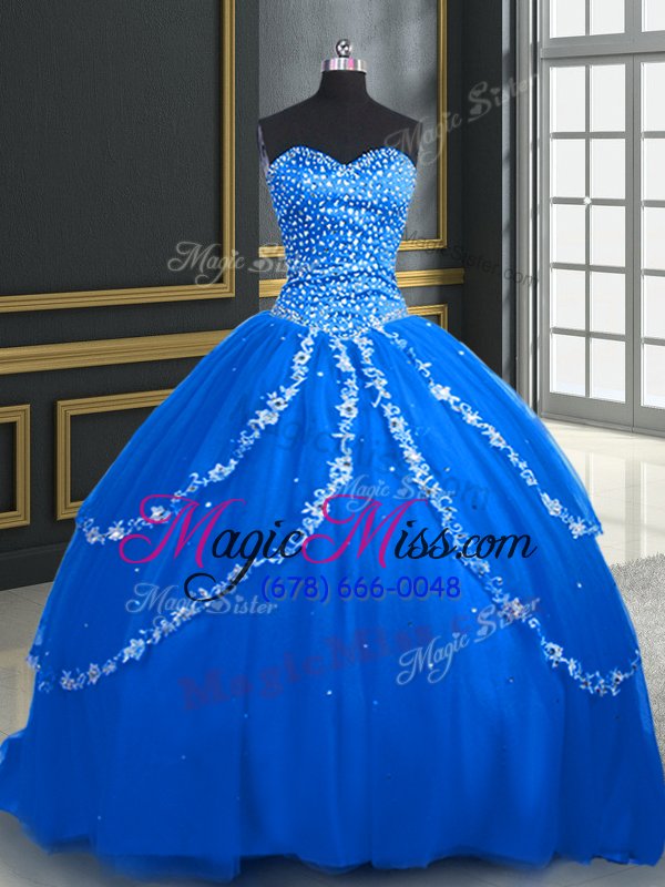 wholesale unique brush train ball gowns ball gown prom dress blue sweetheart tulle sleeveless with train lace up