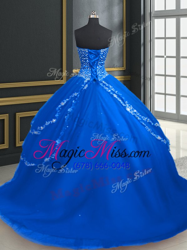 wholesale unique brush train ball gowns ball gown prom dress blue sweetheart tulle sleeveless with train lace up