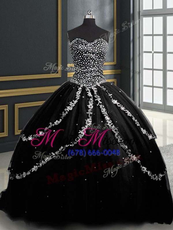 wholesale clearance black ball gowns sweetheart sleeveless tulle with brush train lace up beading and appliques sweet 16 dresses