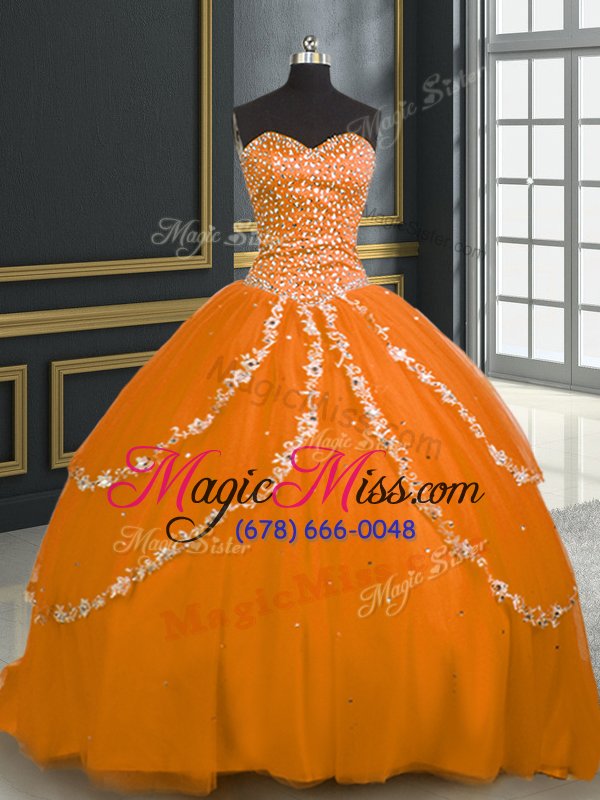 wholesale deluxe orange ball gowns sweetheart sleeveless tulle with brush train lace up beading and appliques quinceanera gowns