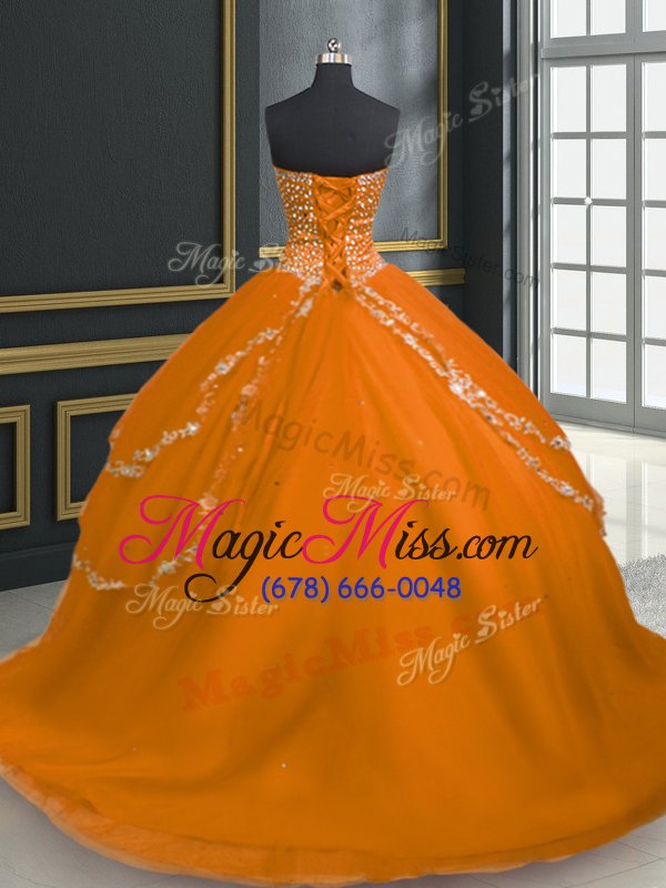 wholesale deluxe orange ball gowns sweetheart sleeveless tulle with brush train lace up beading and appliques quinceanera gowns